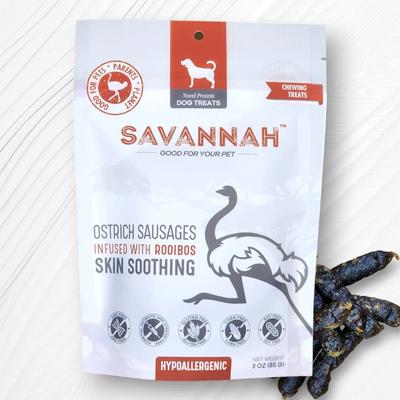 Show full view: Savannah Pet Food Hypoallergenic Skin Soothing Rooibos Ostrich Sausages Dog Treats, 3-oz pouch slide 4 of 11