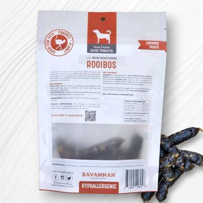 Show full view: Savannah Pet Food Hypoallergenic Skin Soothing Rooibos Ostrich Sausages Dog Treats, 3-oz pouch slide 5 of 11