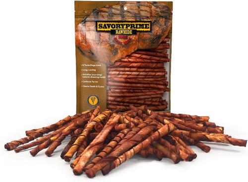 Show full view: Savory Prime Beef Flavored Rawhide Twists Dog Treats, 5-in, 100 count slide 5 of 7