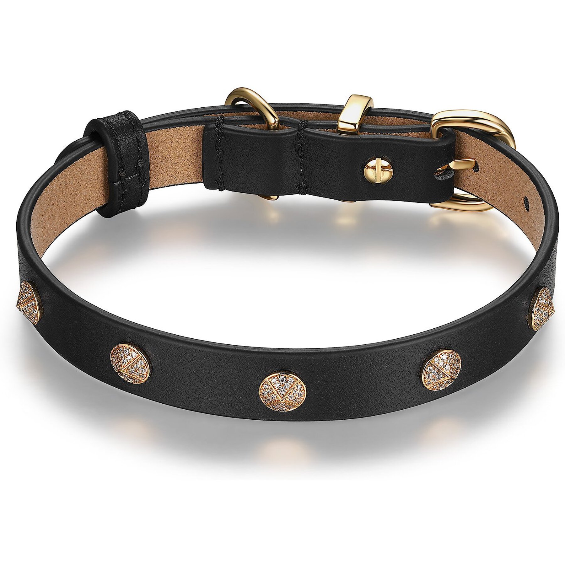 Scamper & Co Genuine Leather & Microfiber Bejeweled Circular Stud Dog Collar, Black, Small: 10.5 to 13.4-in, 0.6-in neck