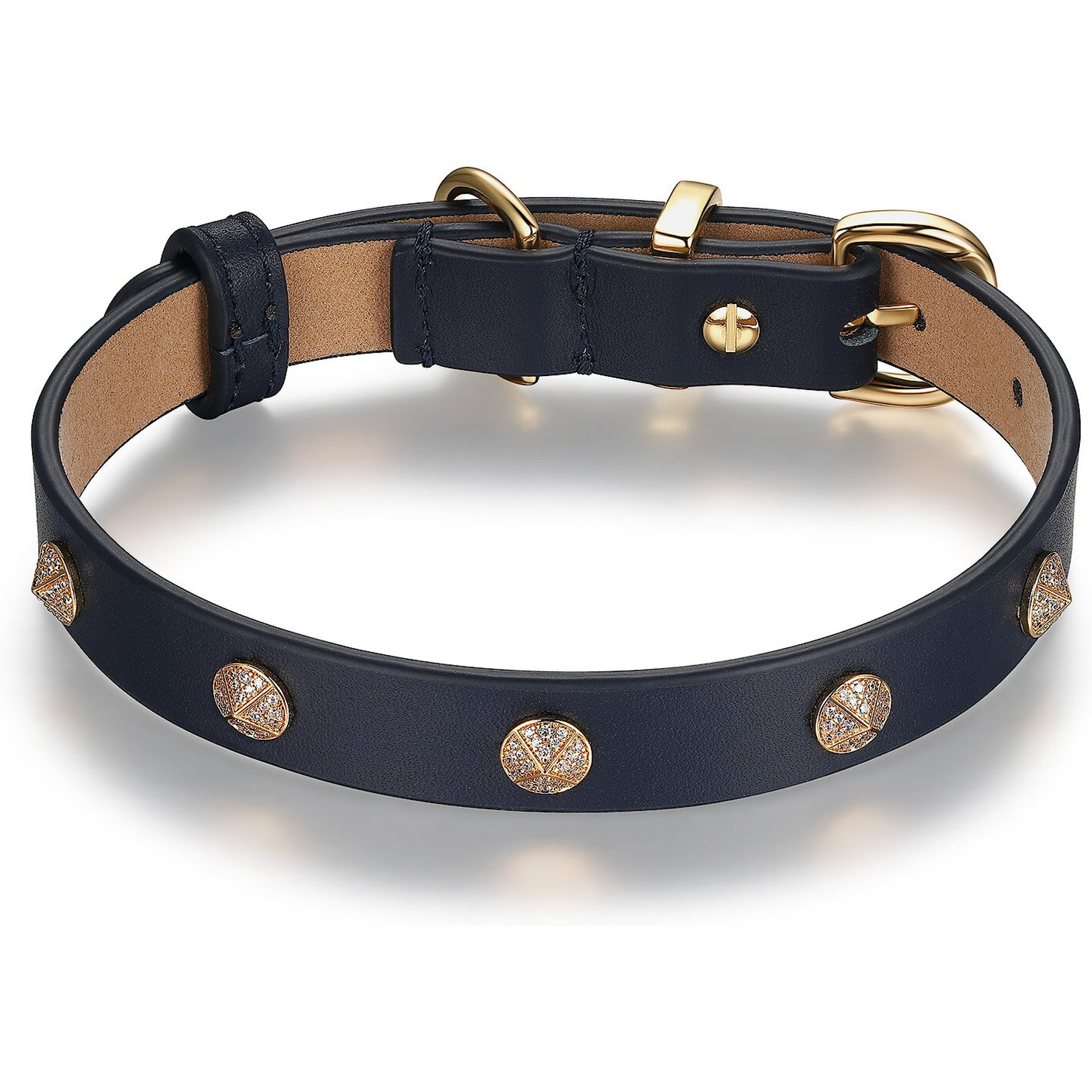Scamper & Co Genuine Leather & Microfiber Bejeweled Circular Stud Dog Collar, Navy, Small: 10.5 to 13.4-in, 0.6-in neck