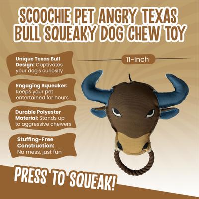 Show full view: Scoochie Pet Angry Texas Bull Squeaky Dog Chew Toy, 11-in slide 3 of 7
