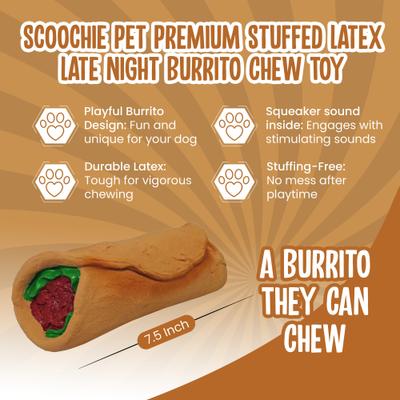 Show full view: Scoochie Pet Premium Stuffed Latex Late Night Burrito Dog Chew Toy, 7.5-in slide 2 of 5