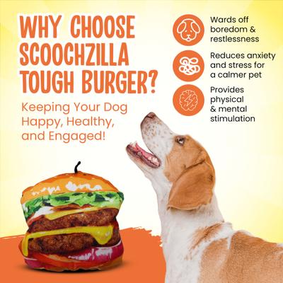 Show full view: Scoochie Pet Scoochzilla Tough Burger Squeaky Dog Chew Toy, 6-in slide 3 of 5