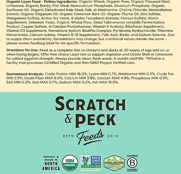 Show full view: Scratch and Peck Feeds Organic Chicken & Duck Feed 16% Layer Pellets, 25-lb bag slide 8 of 10