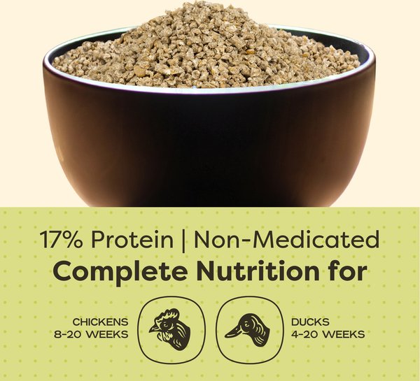 Show full view: Scratch and Peck Feeds Organic Chicken & Duck Feed 17% Grower Crumbles, 25-lb bag slide 4 of 10