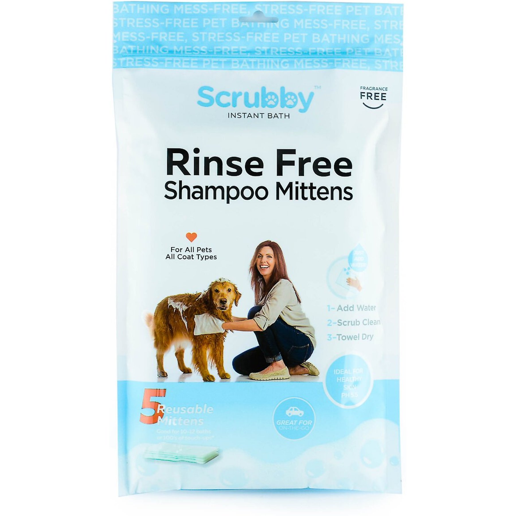 Scrubby Instant Bath Rinse Free Dog Shampoo Mittens, 10 count