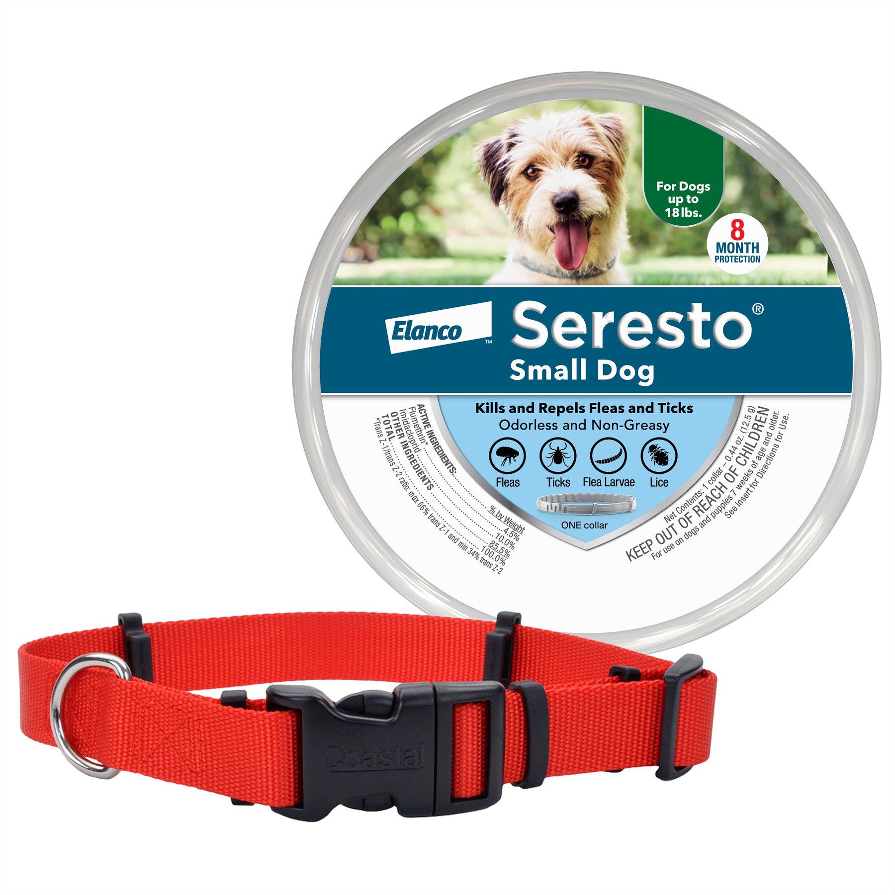 SecureAway Dog Flea Collar Protector, 14-20-in, Red + Seresto Flea & Tick Collar for Dogs, up to 18-lbs, 1 Collar (8-mos. supply)