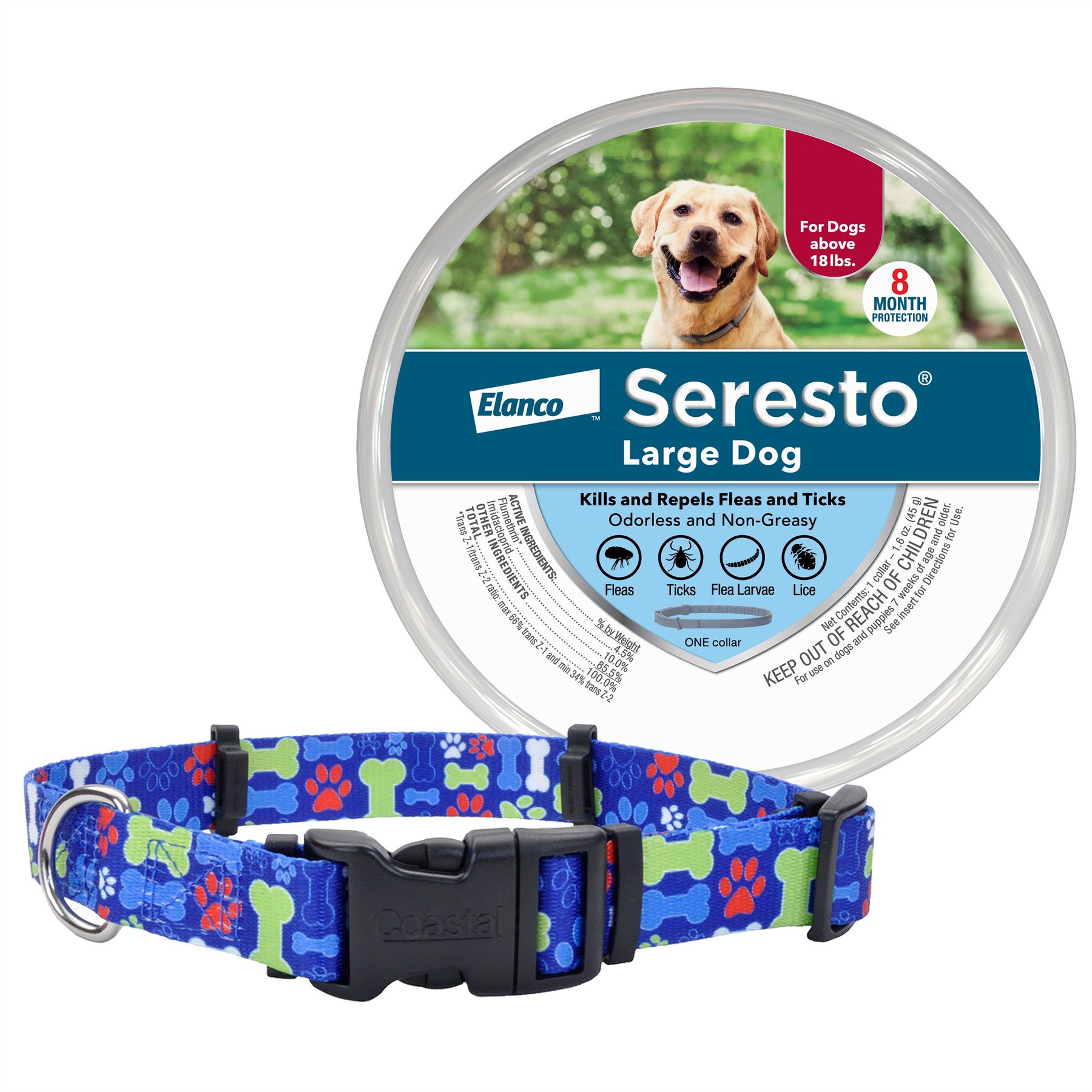 SecureAway Dog Flea Collar Protector, 18-26-in, MultiBone + Seresto Flea & Tick Collar for Dogs, over 18-lbs, 1 Collar (8-mos. supply)