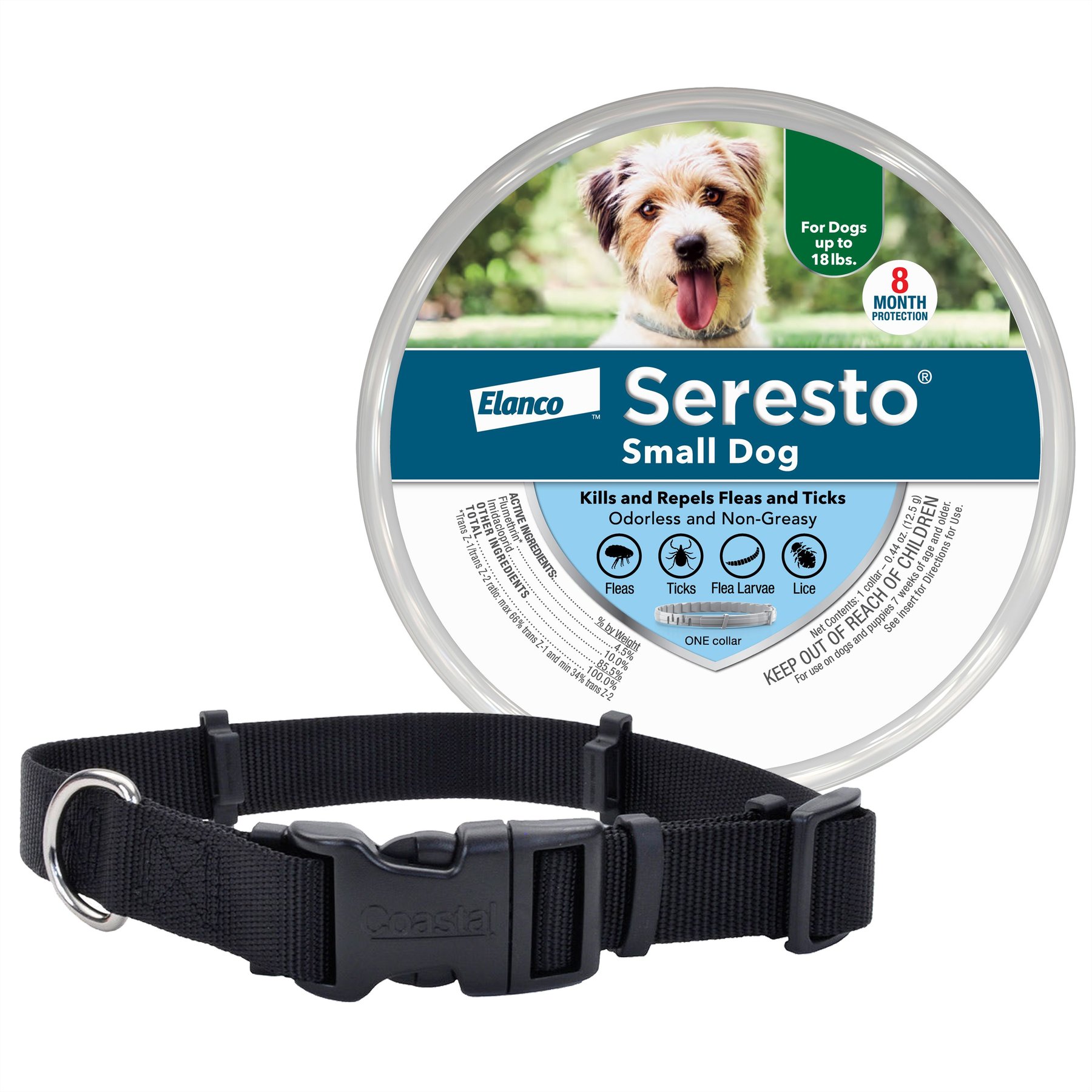 SecureAway Dog Flea Collar Protector, 8-12-in, Black + Seresto Flea & Tick Collar for Dogs, up to 18-lbs, 1 Collar (8-mos. supply)