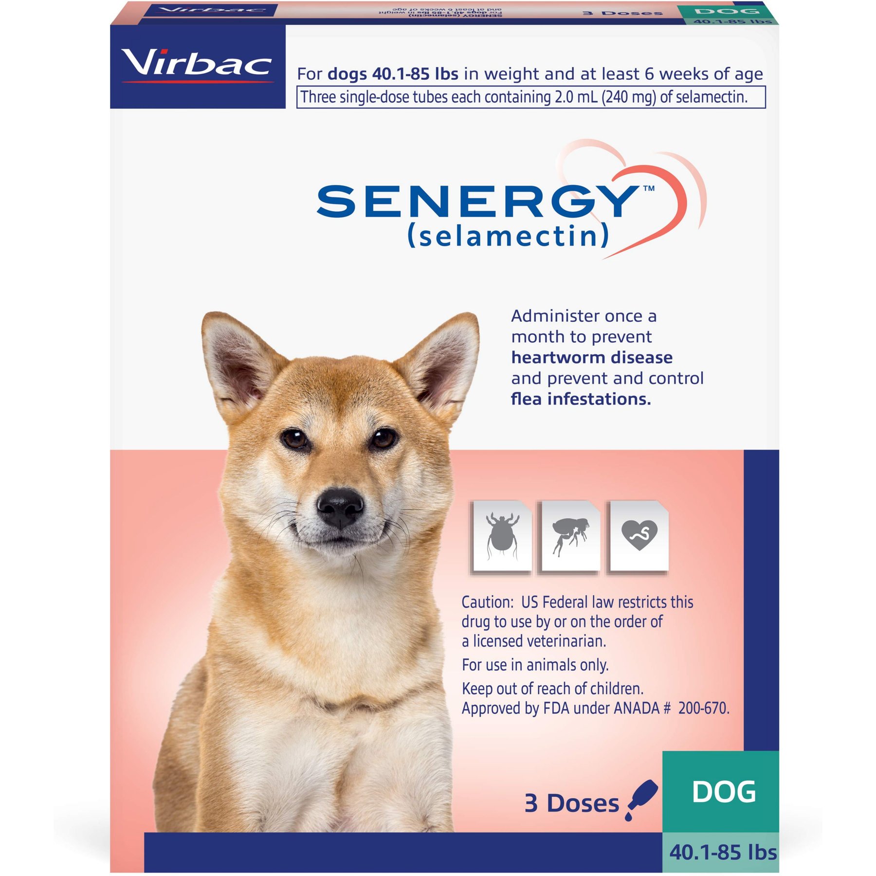 Senergy Topical Solution for Dogs, 40.1-85 lbs, (Teal Box), 3 Doses (3-mos. supply)
