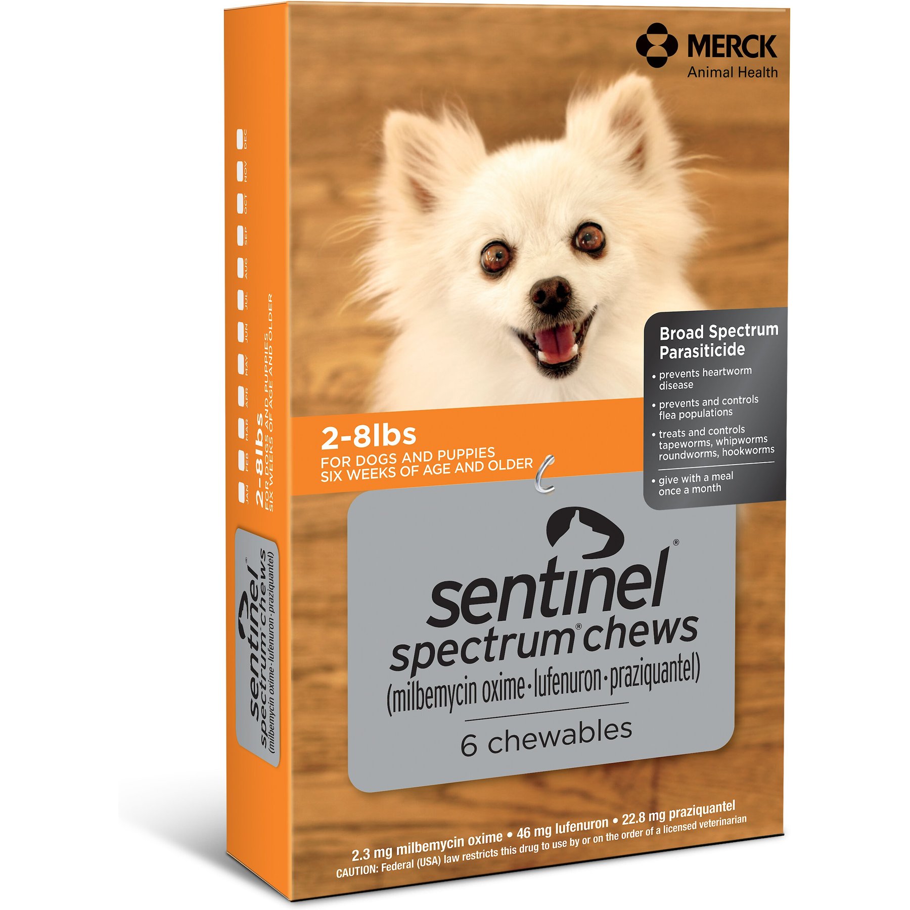 2-8 lbs, Sentinel Spectrum Chewable Tablets for Dogs, 6 treatments, 2.3 mg Milbemycin Oxime, 46 mg Lufenuron and 22.8 mg Praziquantel
