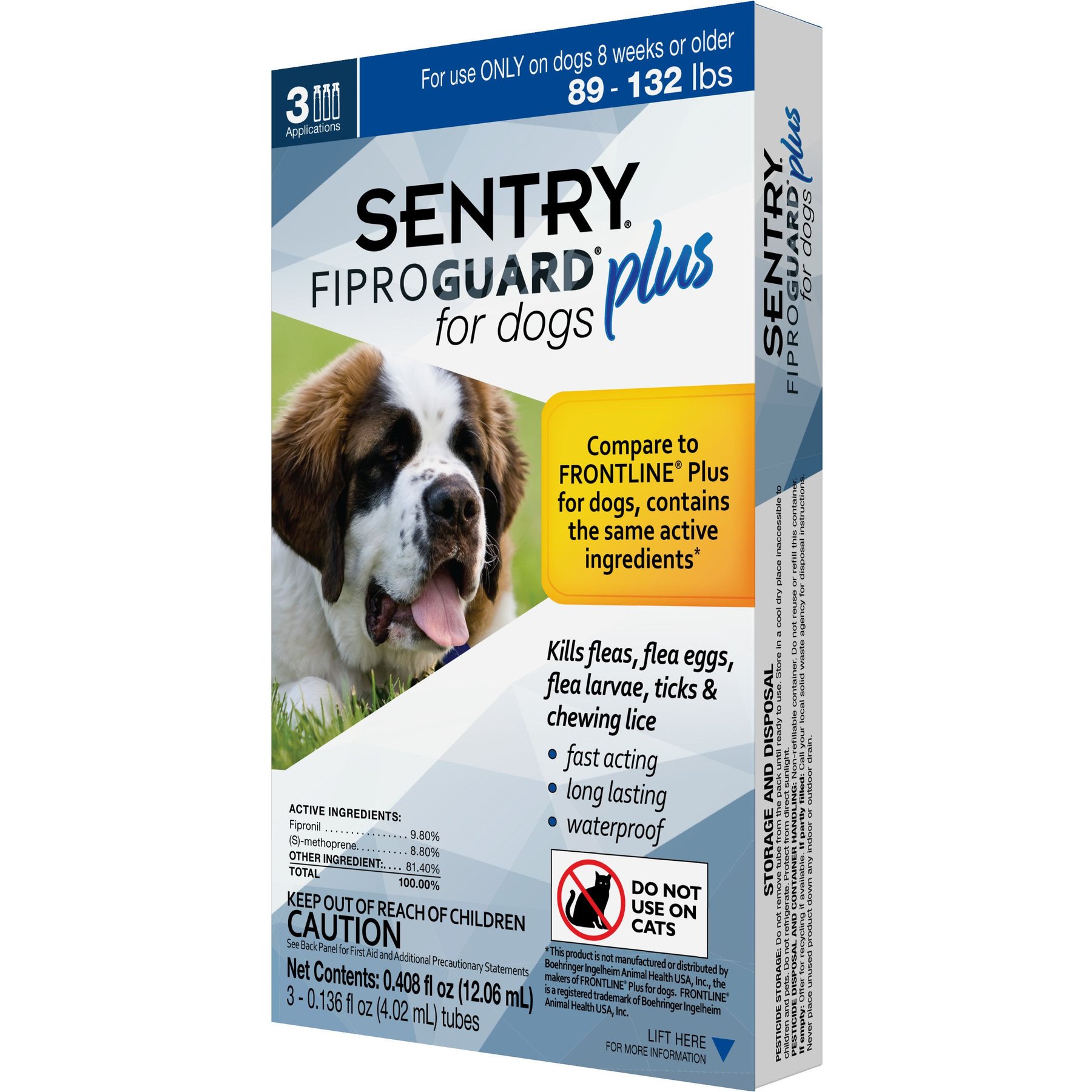 Sentry Fiproguard Plus Squeeze-On Dog Flea & Tick Treatment, 89 - 132lbs, 3 doses (3-mos. supply)