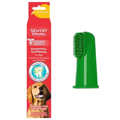 Sentry Sentry Petrodex Veterinary Strength Enzymatic Poultry Flavor Toothpaste, 6.2-oz + Vet's Best Fingerbrush Dog Toothbrush, 10 count