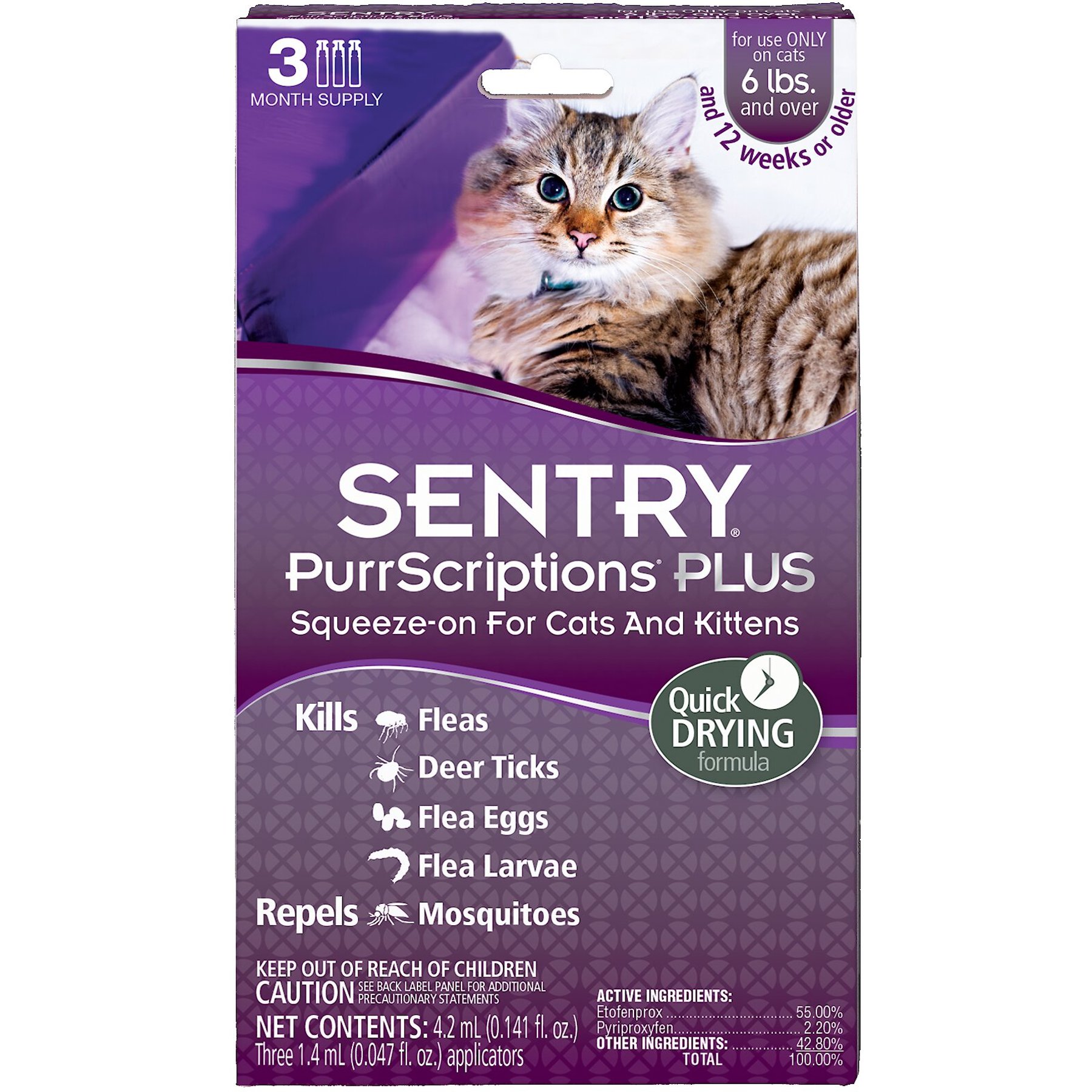 Sentry PurrScriptions Plus Flea & Tick Squeeze-On, Cats > 5 lbs, 3 ct