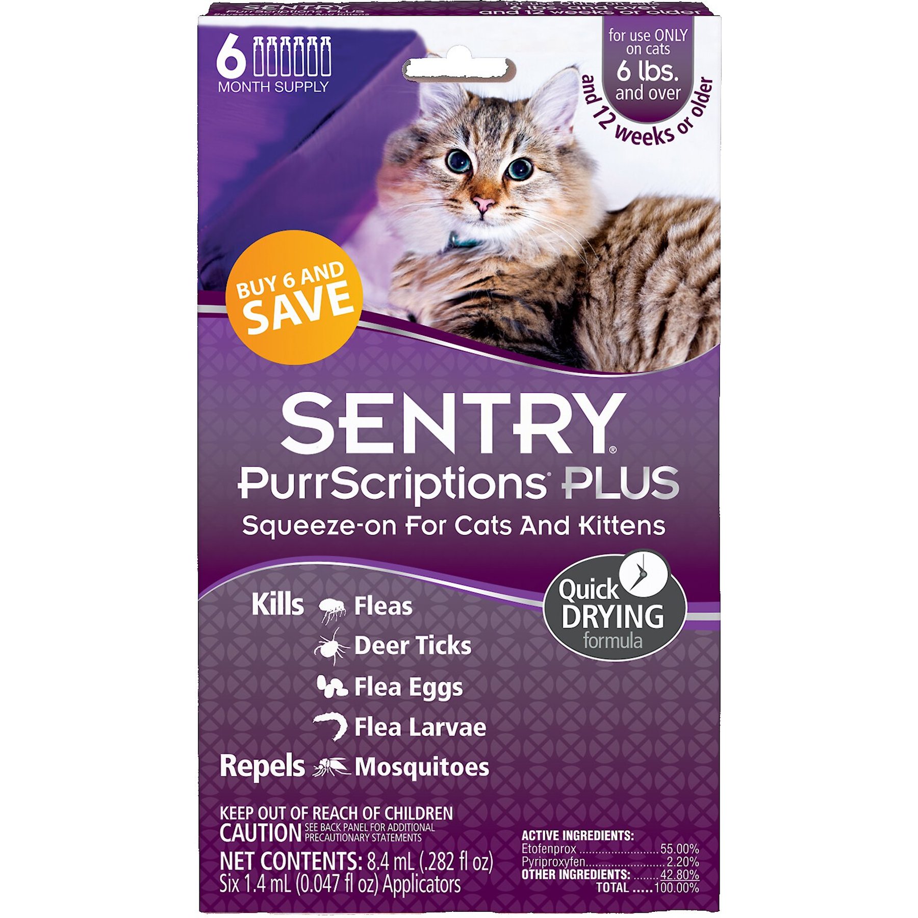 Sentry PurrScriptions Plus Flea & Tick Squeeze-On, Cats > 5 lbs, 6 ct