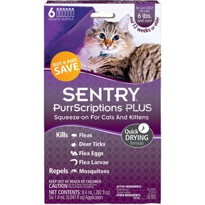 Sentry PurrScriptions Flea & Tick Spot Treatment for Cats, over 6 lbs, 6 Doses (6-mos. supply)
