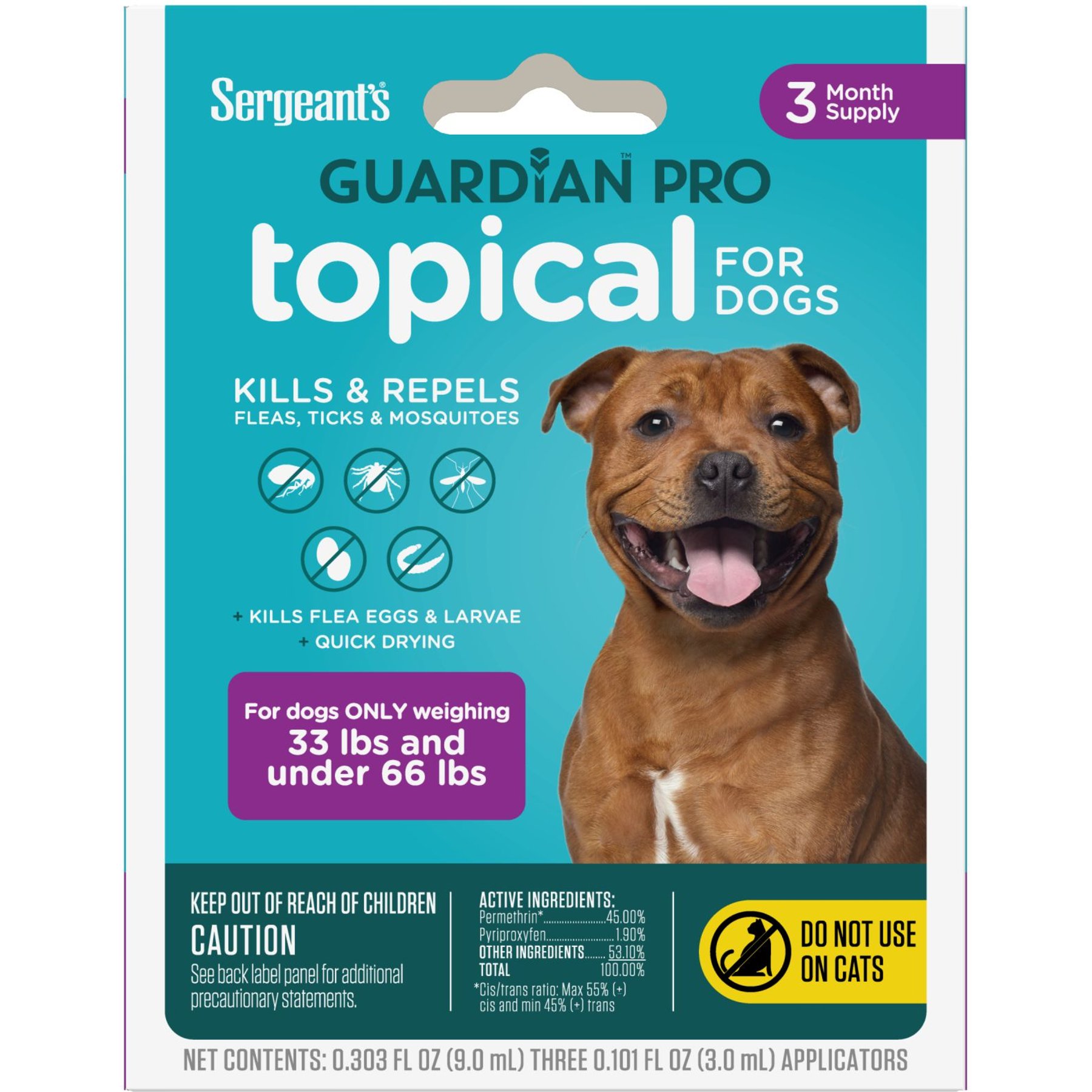 Sergeant's Guardian Dog Pro Flea & Tick Topical Treatment, 33-66-lb, 3 count