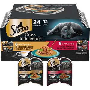 Sheba Gravy Indulgence Chicken & Beef in Extra Gravy Variety Pack Grain-Free Adult Wet Cat Food Trays, 2.6-oz tray, case of 12