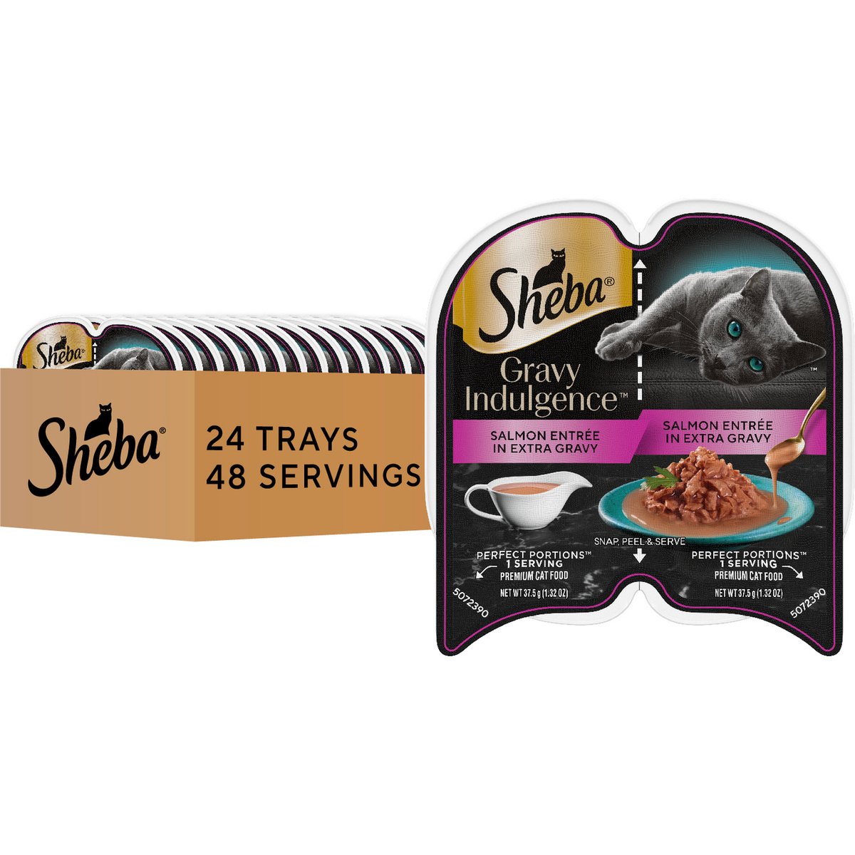 Sheba Gravy Indulgence Salmon Entree in Extra Gravy Grain-Free Adult Wet Cat Food Trays, 2.6-oz tray, case of 24