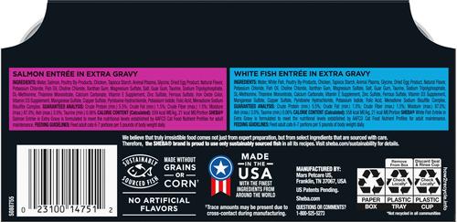 Show full view: Sheba Gravy Indulgence Salmon & White Fish in Gravy Variety Pack Grain-Free Adult Wet Cat Food, 2.6-oz tray, case of 24 slide 3 of 11