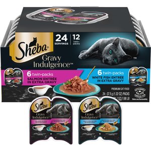 Sheba Gravy Indulgence Salmon & White Fish in Gravy Variety Pack Grain-Free Adult Wet Cat Food Trays, 2.6-oz tray, case of 12