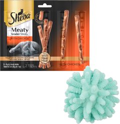 Sheba Meaty Tender Sticks Chicken Cat Treats, 5 count + Frisco Moppy Ball Cat Toy, Blue