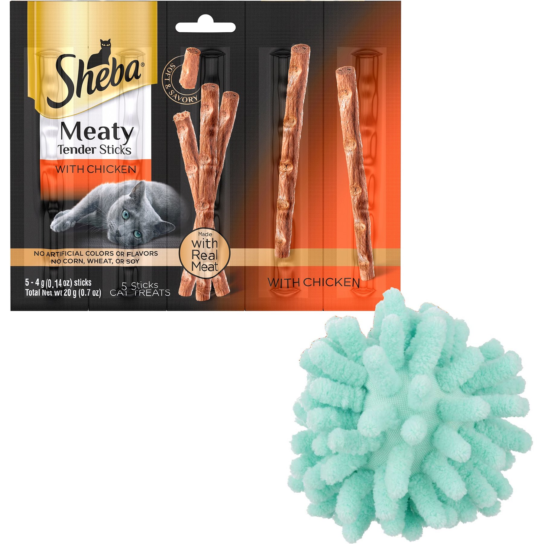 Sheba Meaty Tender Sticks Chicken Cat Treats, 5 count + Frisco Moppy Ball Cat Toy, Blue