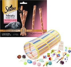 Sheba Meaty Tender Sticks Salmon Flavored Cat Treats, 5 count + Frisco Plush, Teaser, Ball & Tunnel Variety Pack Cat Toy with Catnip, 25 count