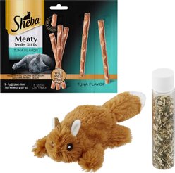 Sheba Meaty Tender Sticks Tuna Flavored Cat Treats, 5 count + Frisco Refillable Catnip Cat Toy, Brown Squirrel