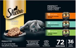 Sheba Perfect Portions Chicken, Tuna & Turkey Variety Pack Grain-Free Cuts in Gravy Wet Cat Food, 2.6-oz, case of 36