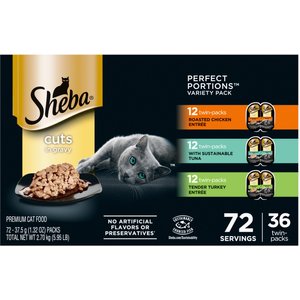 Sheba Perfect Portions Grain-Free Roasted Chicken, Gourmet Salmon & Tender Turkey Cuts in Gravy Variety Pack Adult Wet Cat Food Trays