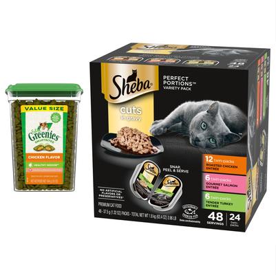 Show full view: Sheba Perfect Portions Grain-Free Multipack Roasted Chicken, Gourmet Salmon & Tender Turkey Cuts in Gravy Food Trays + Greenies Feline Smartbites Healthy Indoor Chicken Flavored Cat Treats slide 1 of 9