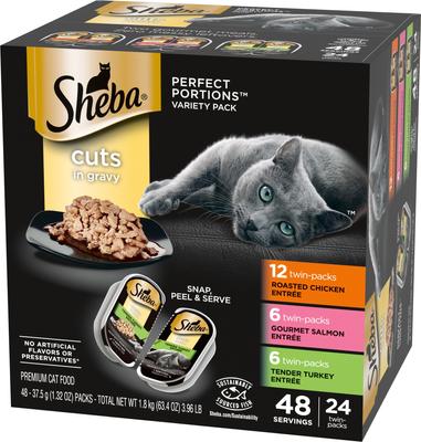 Show full view: Sheba Perfect Portions Grain-Free Multipack Roasted Chicken, Gourmet Salmon & Tender Turkey Cuts in Gravy Food Trays + Greenies Feline Smartbites Healthy Indoor Chicken Flavored Cat Treats slide 2 of 9