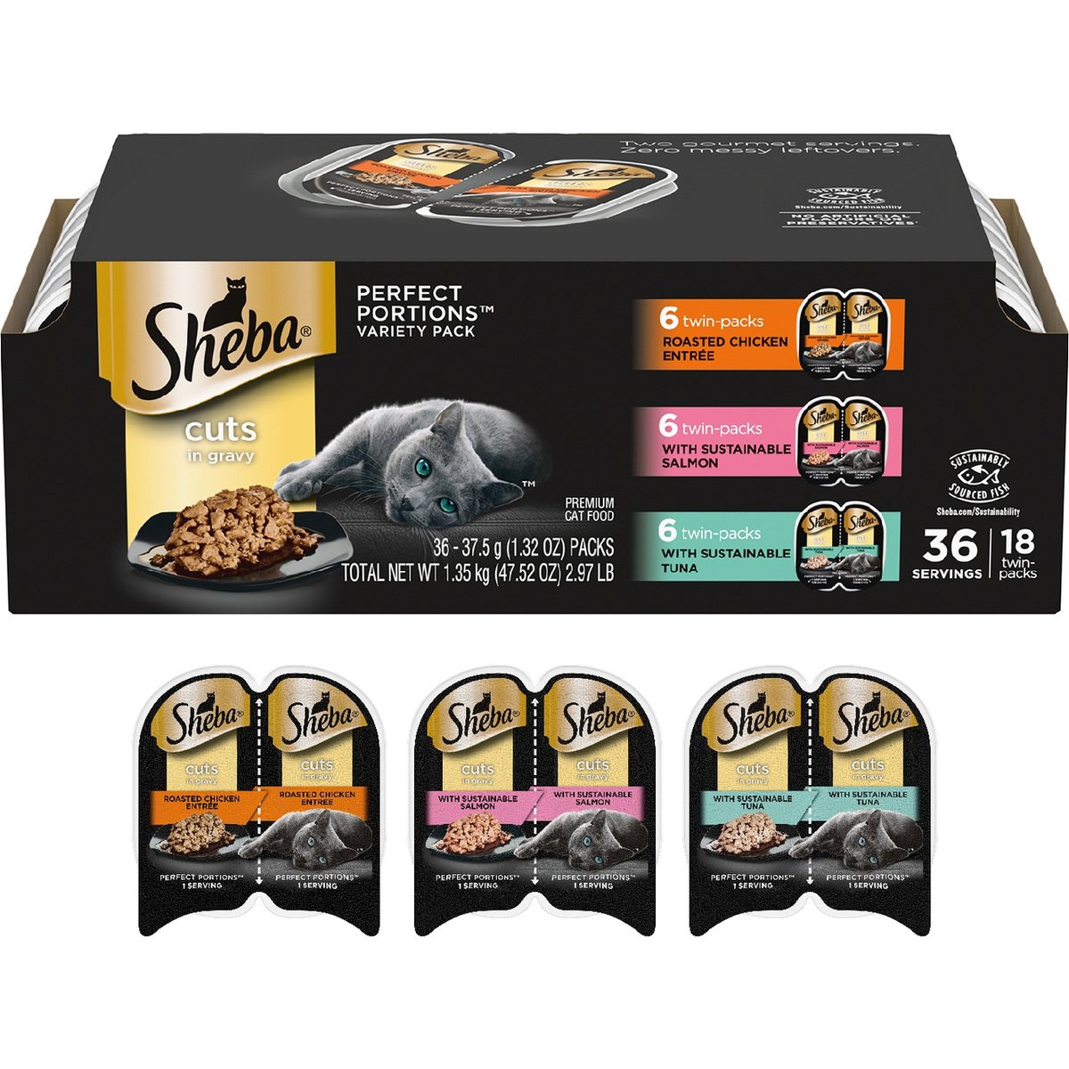 Sheba Perfect Portions Grain-Free Roasted Chicken, Gourmet Salmon & Signature Tuna Cuts in Gravy Variety Pack Adult Wet Cat Food Trays, 2.6-oz tray, case of 36