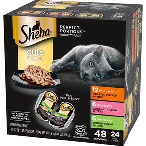 Sheba Perfect Portions Grain-Free Roasted Chicken, Gourmet Salmon & Tender Turkey Cuts in Gravy Variety Pack Adult Wet Cat Food Trays, 1.3-oz, case of 24 twin-packs
