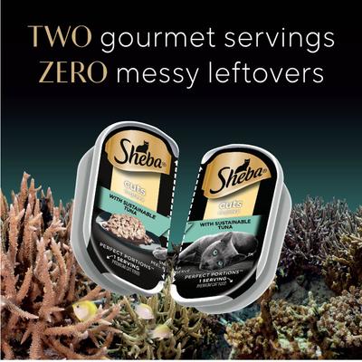 Show full view: Sheba Perfect Portions Grain-Free Salmon, Trout, & Tuna Entree Variety Pack Cuts in Gravy Wet Cat Food Trays, 2.6-oz tray, case of 48 slide 5 of 11