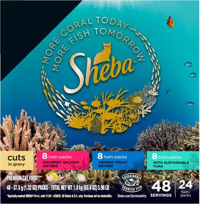 Show full view: Sheba Perfect Portions Grain-Free Salmon, Trout, & Tuna Entree Variety Pack Cuts in Gravy Wet Cat Food Trays, 2.6-oz tray, case of 48 slide 3 of 11