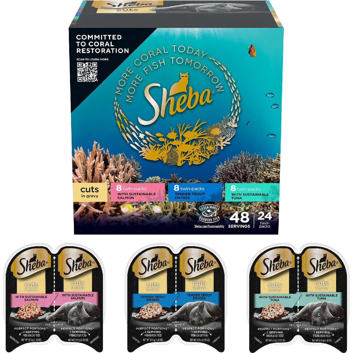 Sheba Perfect Portions Grain-Free Salmon, Trout, & Tuna Entree Variety Pack Cuts in Gravy Wet Cat Food Trays, 2.6-oz tray, case of 24