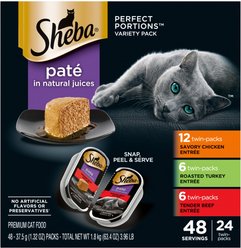 Sheba Perfect Portions Grain-Free Savory Chicken, Roasted Turkey & Tender Beef Pate Variety Pack Adult Wet Cat Food Trays, 2.6-oz, case of 24