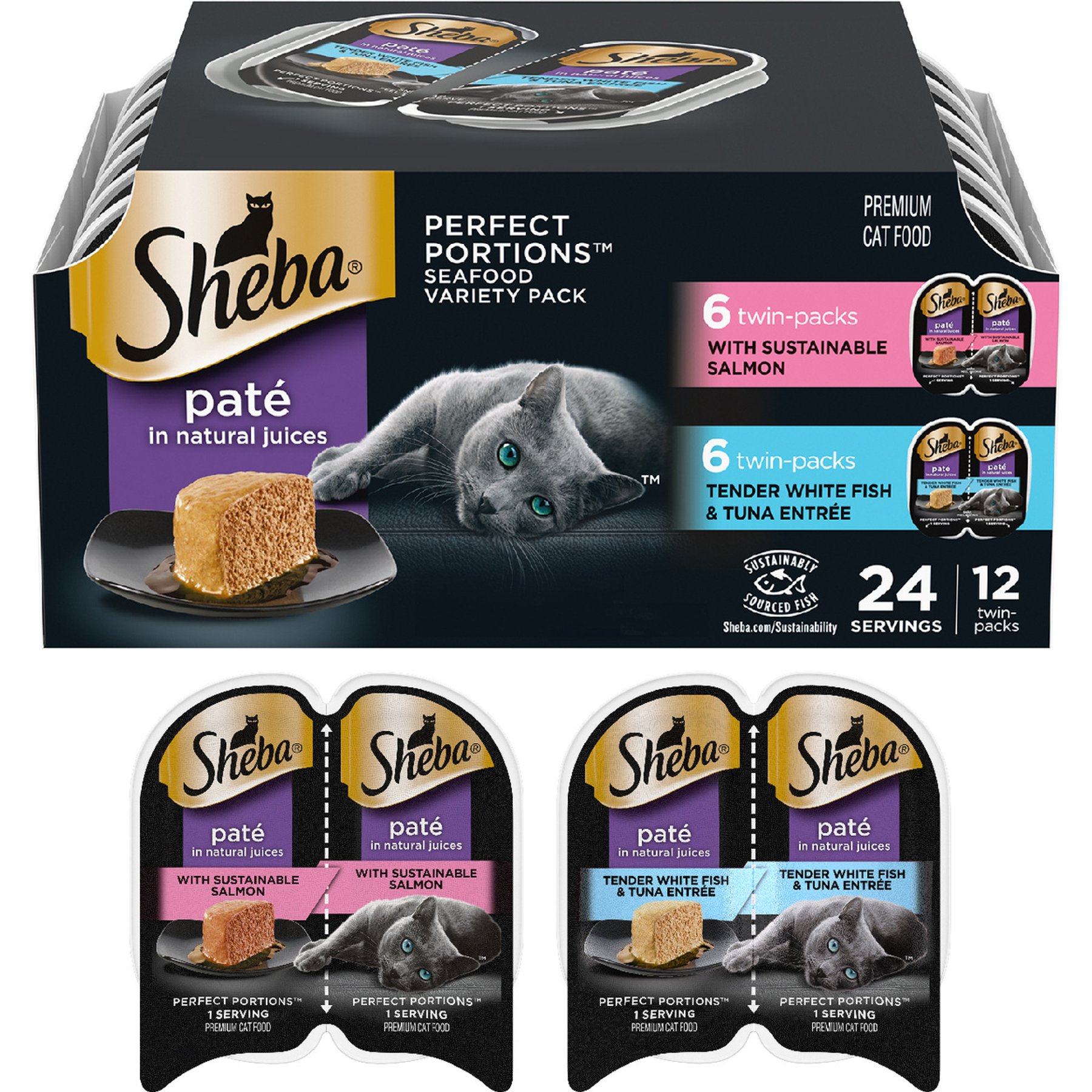Sheba Perfect Portions Grain-Free Seafood Entrees Pate Variety Pack Adult Wet Cat Food Trays, 2.6-oz tray, bundle of 24