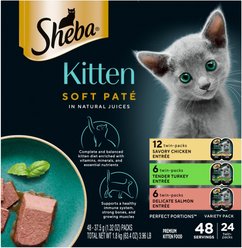 Sheba Perfect Portions Kitten Chicken, Salmon & Turkey Variety Pack Pate Wet Cat Food, 2.6-oz twin-pack tray, case of 24