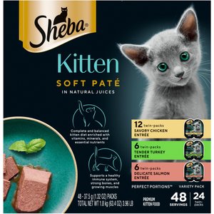 Sheba Perfect Portions Kitten Chicken, Salmon & Turkey Variety Pack Pate Wet Cat Food, 2.6-oz twin-pack tray, case of 24