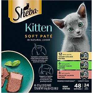 Sheba Perfect Portions Kitten Chicken, Salmon & Turkey Variety Pack Pate Wet Cat Food, 2.6-oz twin-pack tray, case of 24