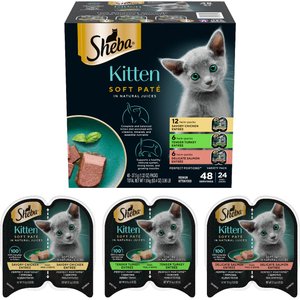 Sheba Perfect Portions Kitten Chicken, Salmon & Turkey Variety Pack Soft Pate Wet Cat Food Trays, 2.6-oz, case of 24
