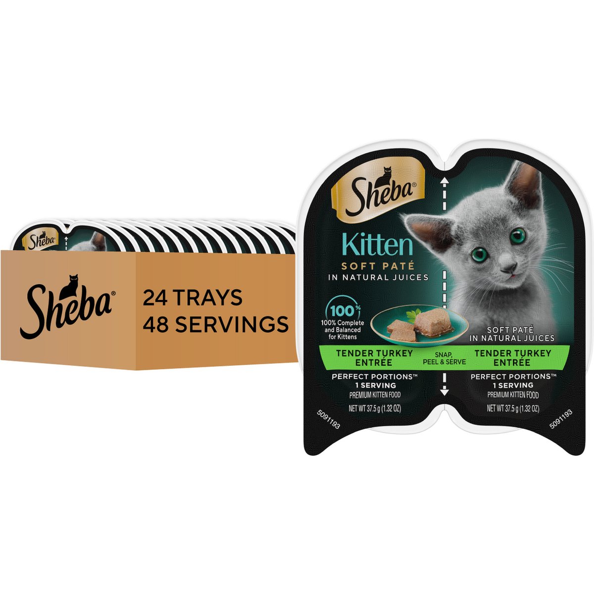Sheba Perfect Portions Kitten Turkey Entree Soft Pate Wet Cat Food Trays, 2.6-oz, case of 24