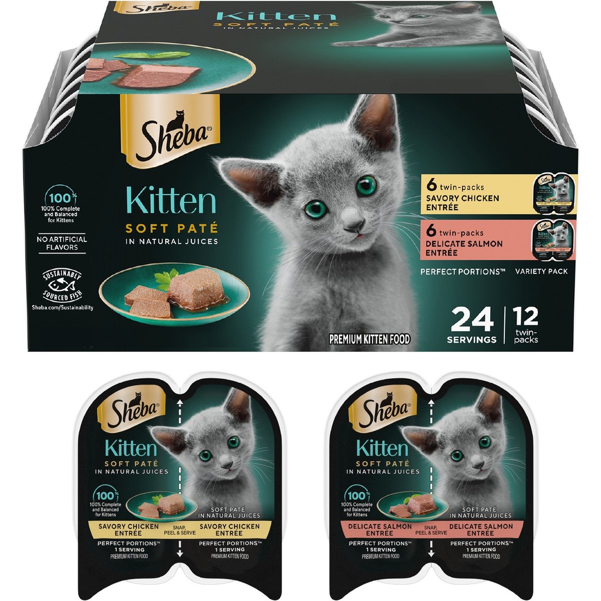 Sheba Perfect Portions Kitten Variety Pack Chicken Pate & Pate Salmon Wet Cat Food Trays, 2.6-oz tray, case of 12