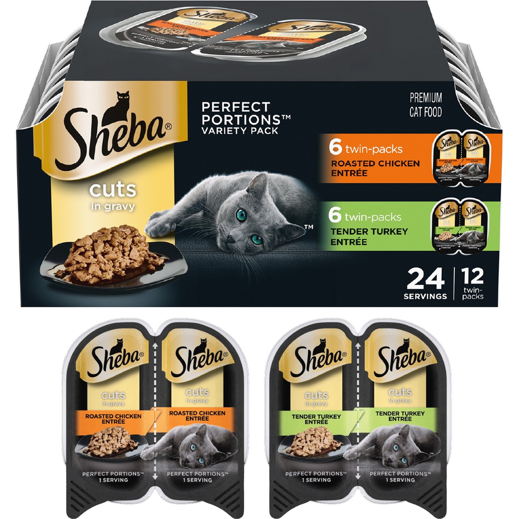 Sheba Perfect Portions Poultry Entrees Cuts in Gravy Variety Pack Adult Wet Cat Food Trays, 2.6-oz tray, case of 12