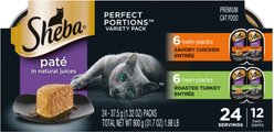 Sheba Perfect Portions Poultry Entrees Pate Variety Pack Adult Wet Cat Food Trays, 2.6-oz tray, case of 24