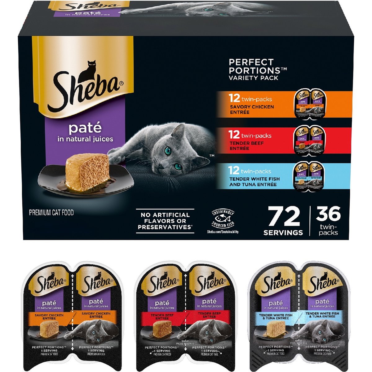 Sheba Perfect Portions Savory Chicken, Beef, Whitefish & Tuna Variety Pack Grain-Free Pate Wet Cat Food Trays, 2.6-oz, case of 36